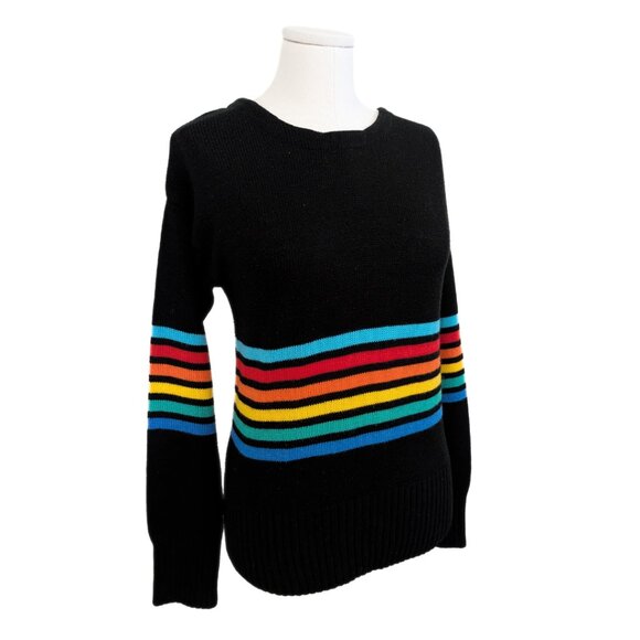 Black & Rainbow Striped Crew Neck Knit Sweater Womens Cozy Chunky Colourful Sz L - Picture 2 of 9
